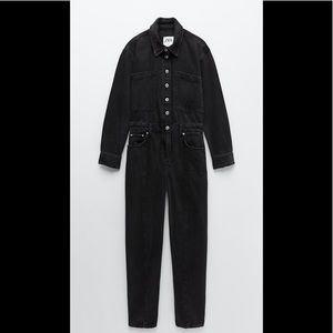 NWT ZARA LONG BLACK DENIM JUMPSUIT SZ XS.